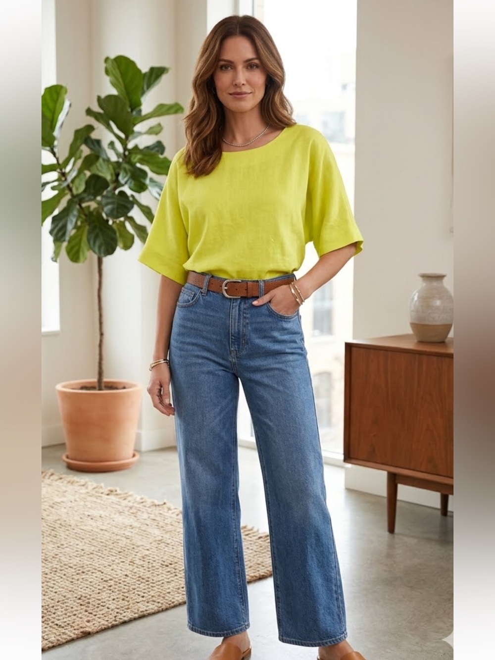 DKNY Linen Blend  Boxy Cut Dolman Sleeve Top Lime/Yellow Medium